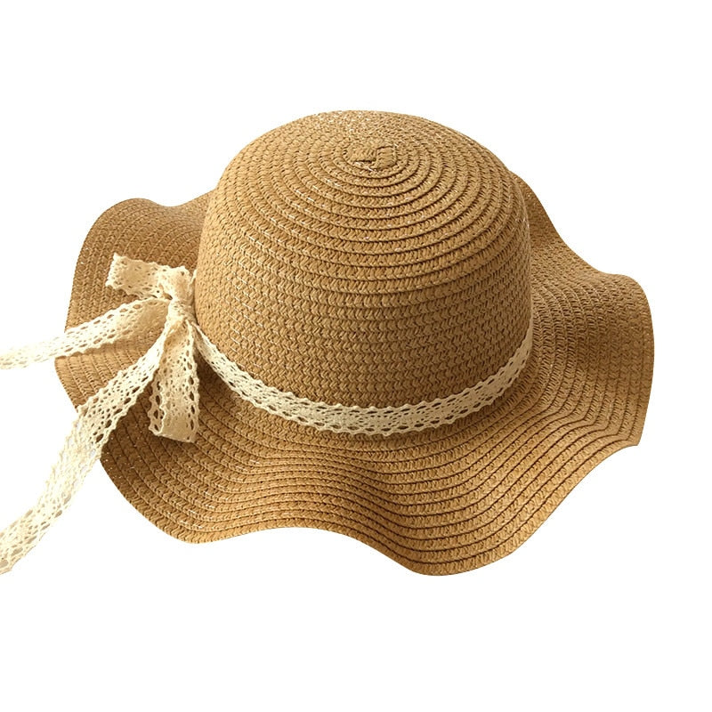 Girls Black Ribbon Summer Straw Hat