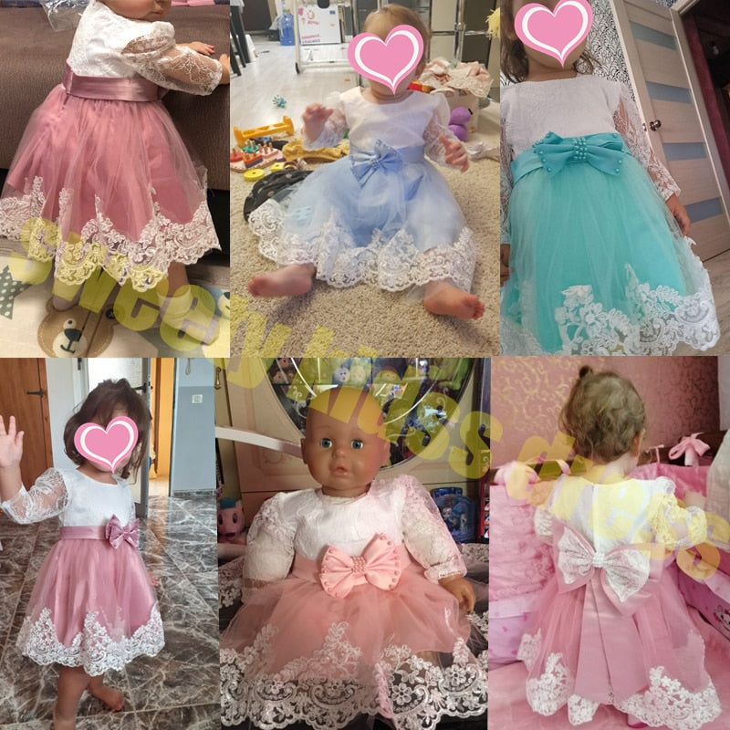 Newborn Long Sleeve Baby Girl Dresses Party Wedding Girl Lace Big Bow Dresses Infant Girl 1st Birthday Princess Baptism Dress