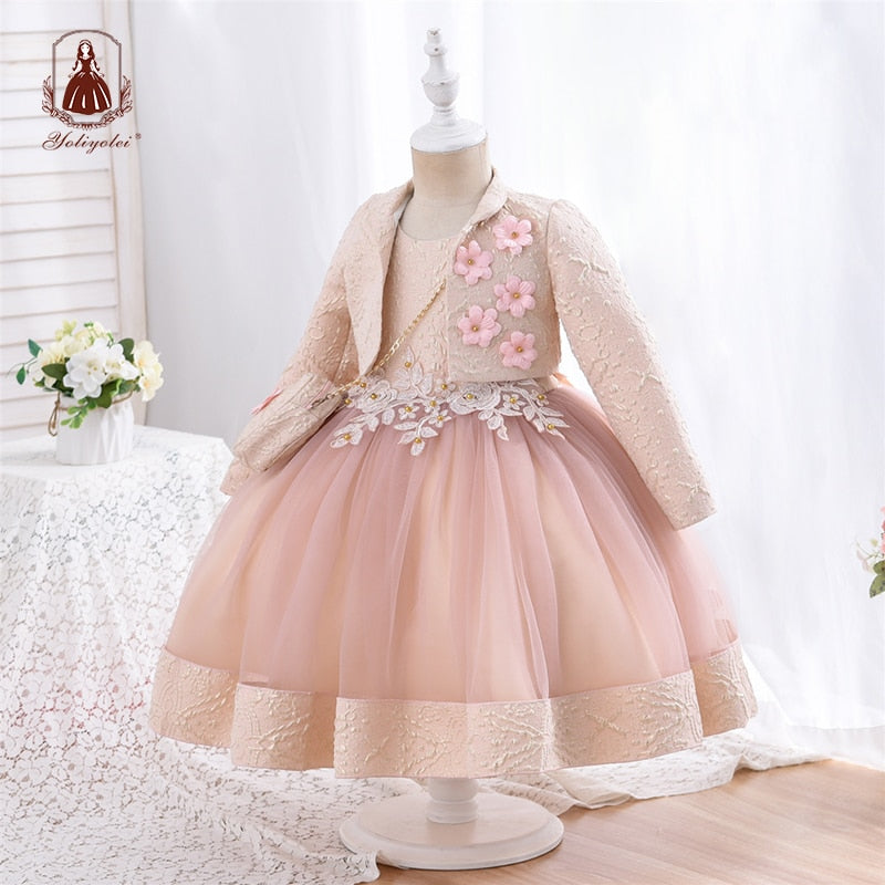 Yoliyolei 3pcs/set Puffy Dress for Girls Jacquard Pattern Tulle Patchwork Children Clothing 3D Appliques Casual Birthday Dresses - The Snuggley
