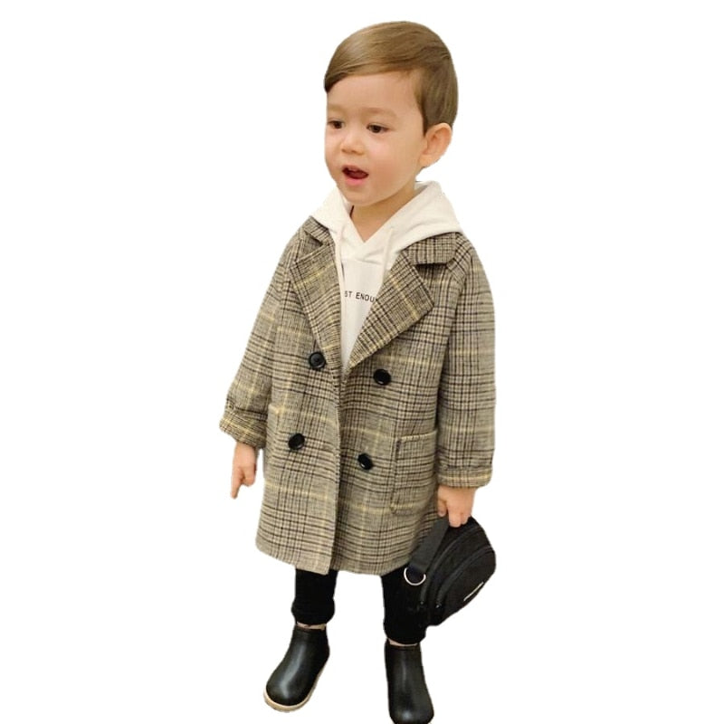 Winter Grid Jackets Boys Girl Woolen Double-breasted Baby Boy Trench Coat Lapel Autumn Kids Outerwear Coats Spring Wool Overcoat - The Snuggley