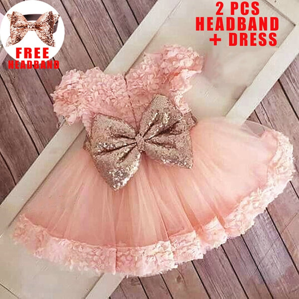 Baby Girl Sequin Bow Dress Gown for Birthday or Baptism