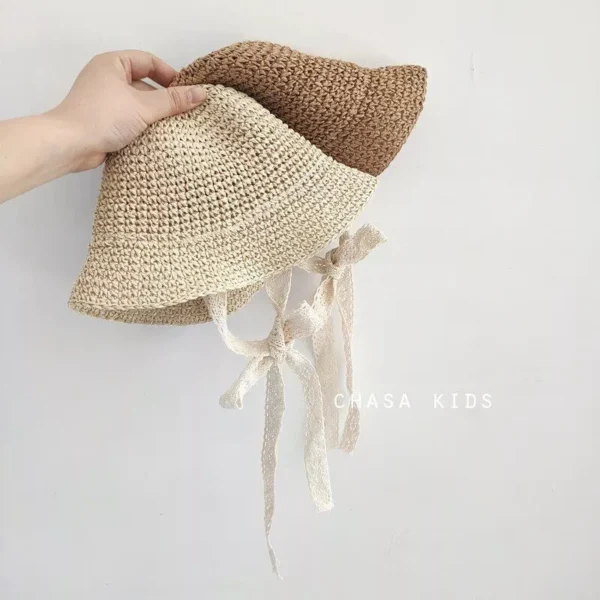 Chic Straw Baby Girl Hat: Elegant Summer Accessory with a Lace Bow Detail - Image 3