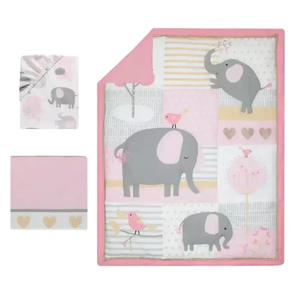 3-Piece Elephant Crib Bedding Set - Pink, Gray & White