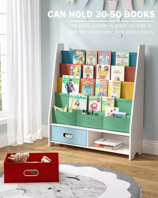 Kid-Friendly Bookshelf with Sling Shelves and Toy Storage Boxes - Image 3