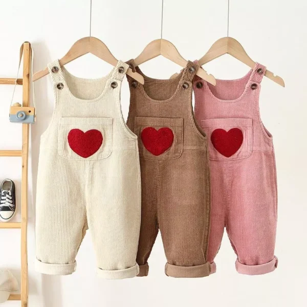 Kids Spring Corduroy Suspender Overalls with Heart Embroidery