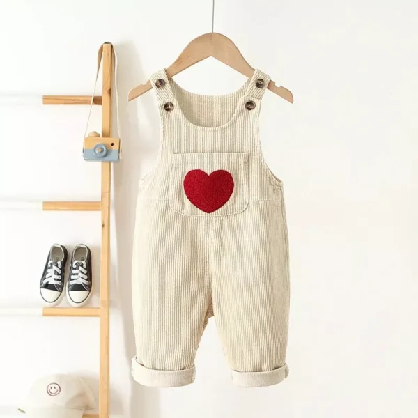 Kids Spring Corduroy Suspender Overalls with Heart Embroidery - Image 3