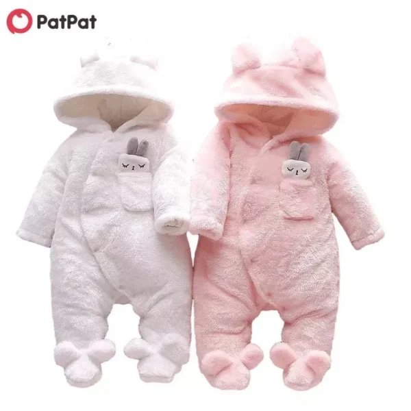 Cozy Winter Fleece Hooded Baby Jumpsuit with Rabbit Ears - Unisex - Image 2