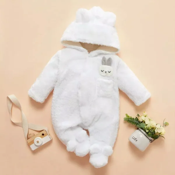 Cozy Winter Fleece Hooded Baby Jumpsuit with Rabbit Ears - Unisex