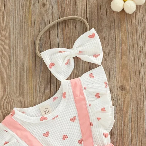 Pink Heart Pattern Baby Girl Romper & Bow Knot Headdress Set (0-18M) - Image 4