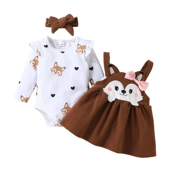 Autumn Fox-Themed Baby Girl 3-Piece Outfit Set with Ruffle Romper, Suspender Skirt, and Headband - Image 2