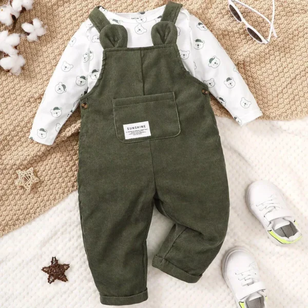 Adorable Bear-Themed Baby Clothing Set - Comfy Cotton Long Sleeve Top and Strap Pants for Boys and Girls - Image 2