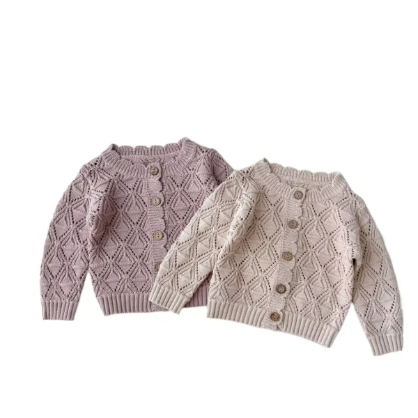 Vintage Knit Cotton Cardigan for Baby Girls - Hollow Long Sleeve Cozy Autumn Sweater - Image 2