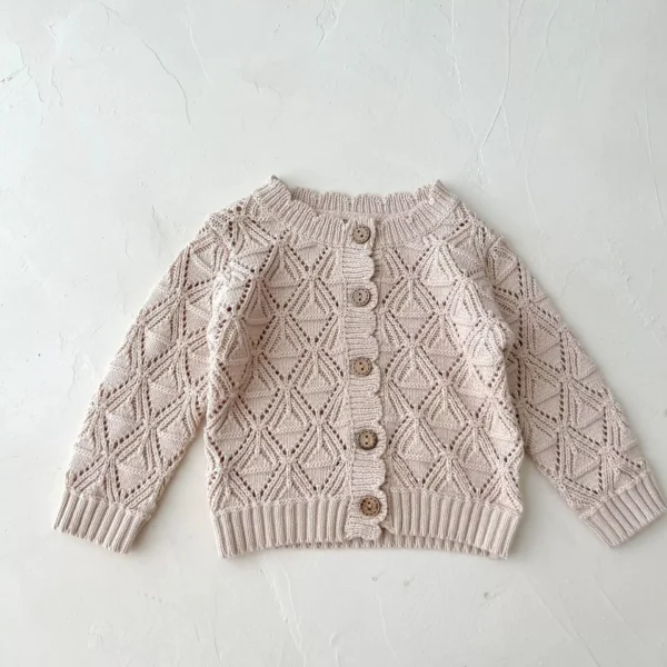 Vintage Knit Cotton Cardigan for Baby Girls - Hollow Long Sleeve Cozy Autumn Sweater - Image 6