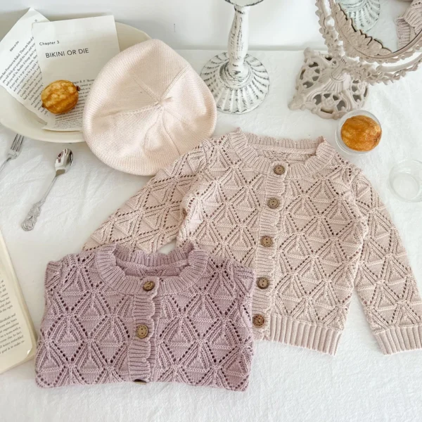 Vintage Knit Cotton Cardigan for Baby Girls - Hollow Long Sleeve Cozy Autumn Sweater - Image 3