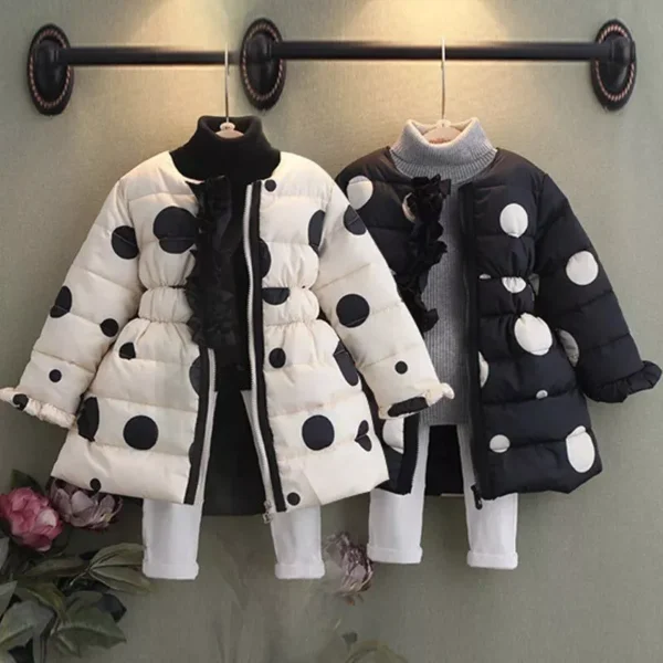 Polka Dot Wadded Long Coat for Kids - Winter Warmth and Style - Image 3