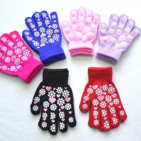 Warm Knitted Gloves for Children - Winter Snowflake and Heart Print Mittens for Outdoor Activities - Image 2