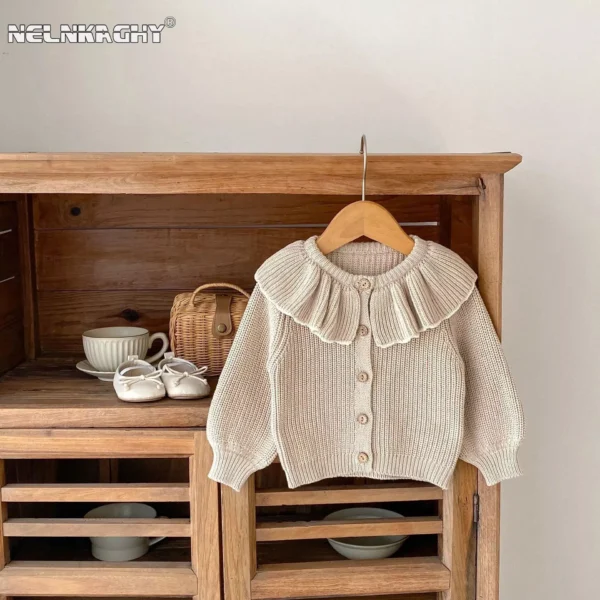 Cozy Chic Autumn Knit Cardigan for Baby Girls with Lotus Collar and Ruffled Hem - Image 3